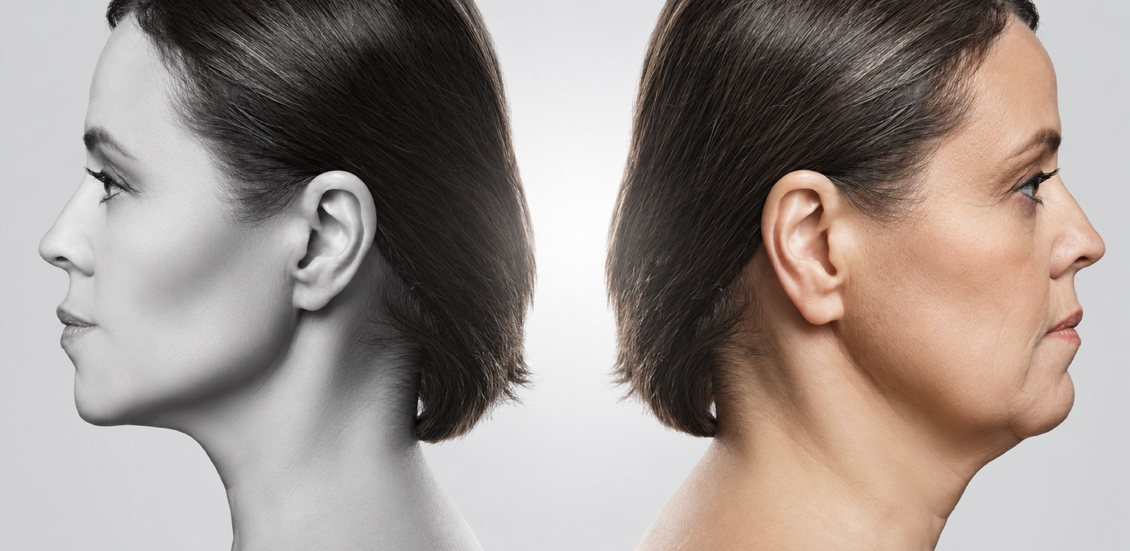 Two back-to-back profiles, one in monochrome and one in color